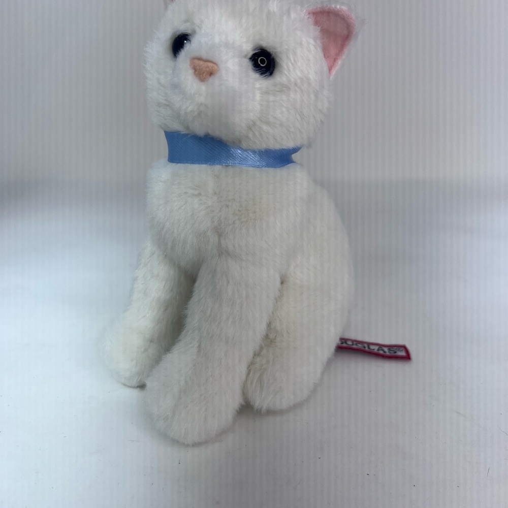 Douglas 6 Inch Stuffed White Cat Kitten Plush Animal With Blue Ribbon Collar Toy